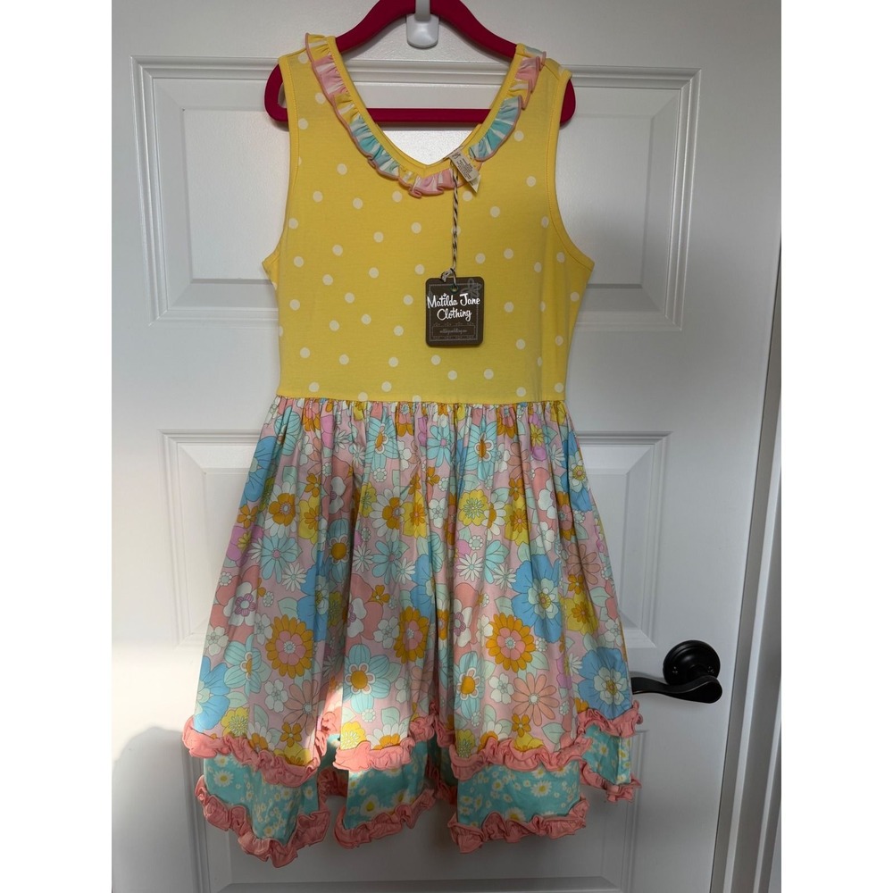 24.Matilda Jane Girls Yellow Polka Dot Floral Ruffle Tiered Dress 31005D Size 10